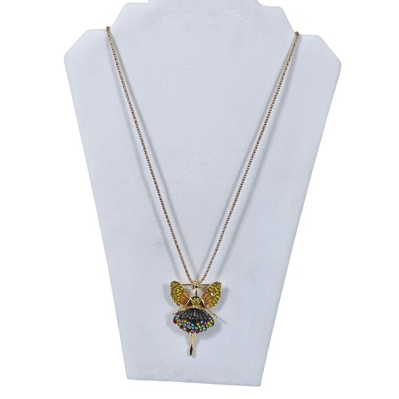 Betsy Johnson Crystal Angel Multi Color Pendant, Brooch Necklace With Wings NWT - Picture 3 of 9